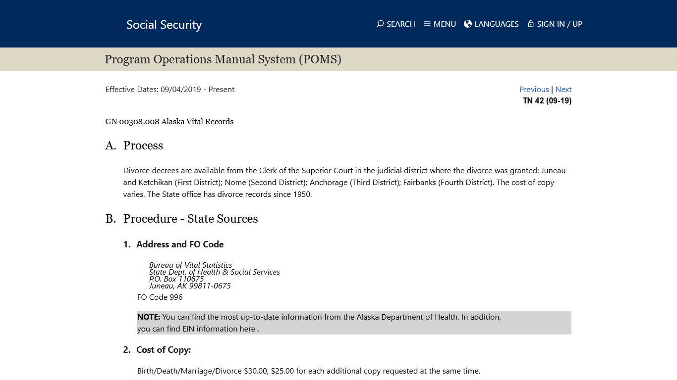 SSA - POMS: GN 00308.008 - Alaska Vital Records - 09/04/2019